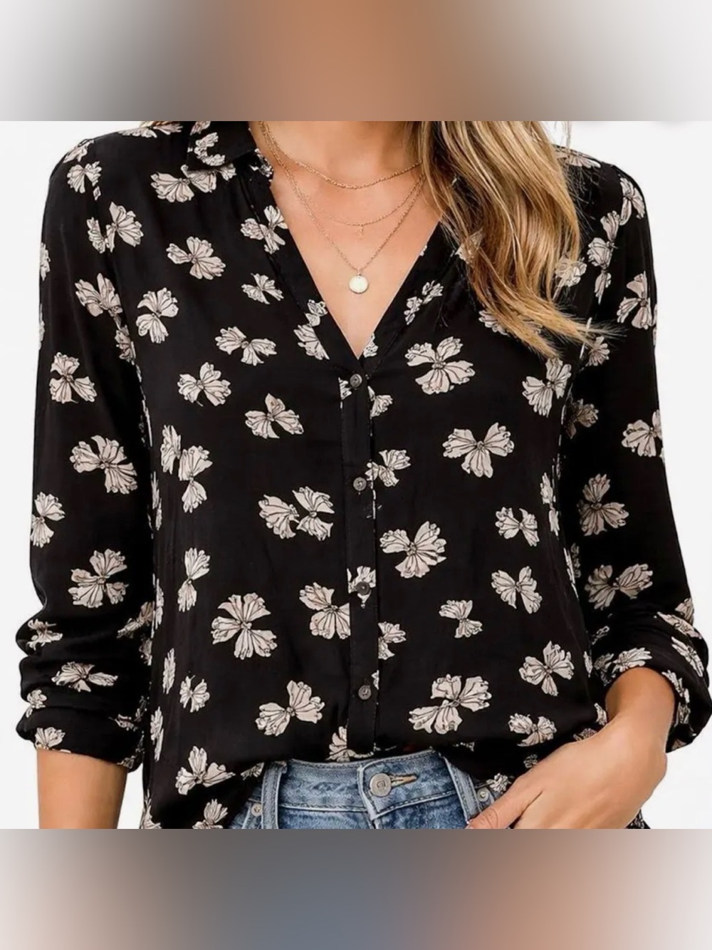 Anthropologie Maeve Emory Printed Button Down, Black, White Bow Sheer Blouse